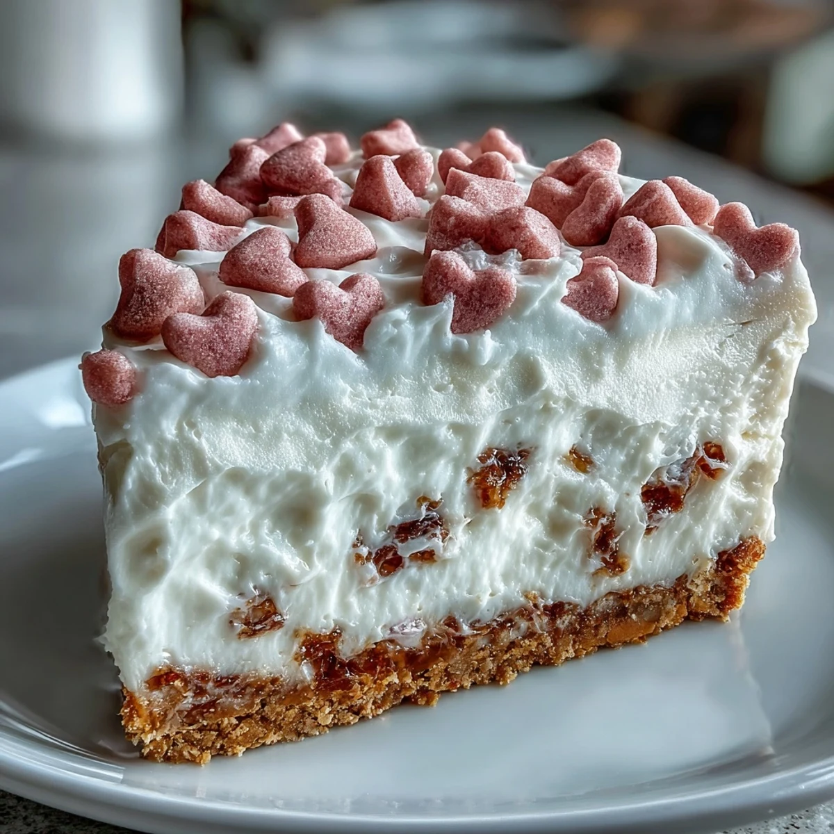 Creamy homemade Candy Hearts Fake Cake with whipped frosting, sliced to reveal a graham cracker crust base.
