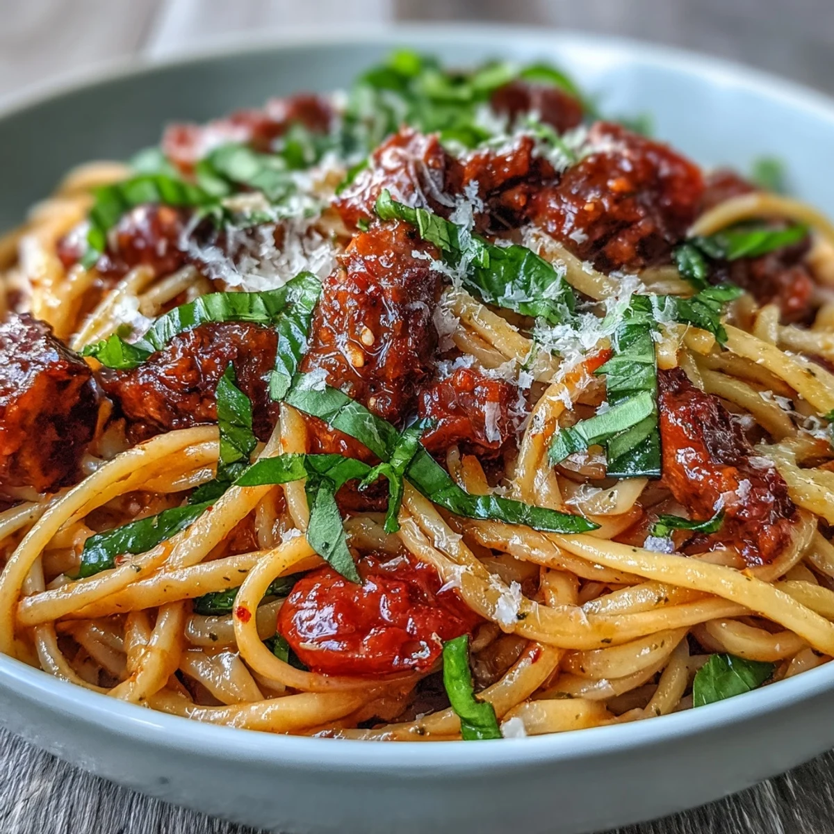 Shrimp and vibrant cherry tomatoes nestle among al dente spaghetti in this Italian Drunken Noodles recipe, smothered in a rich, wine-kissed sauce. A final shower of Parmesan cheese and torn basil adds savory, aromatic finish to the bowl.