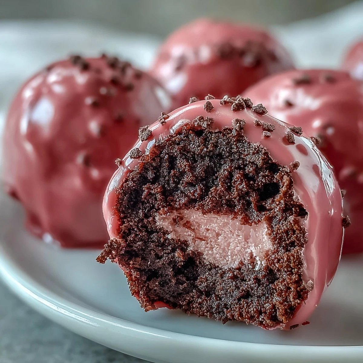 Set on a marble counter, homemade Oreo Truffle Balls with Pink Candy Coating are garnished with sprinkles.