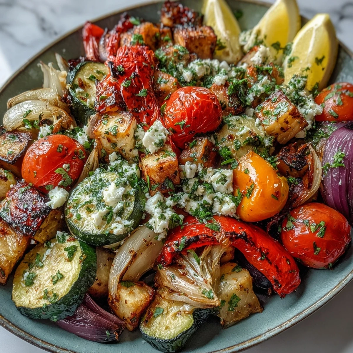 Freshly roasted Mediterranean Greek vegetables with caramelized cherry tomatoes and minced garlic, steam rising from the tray.