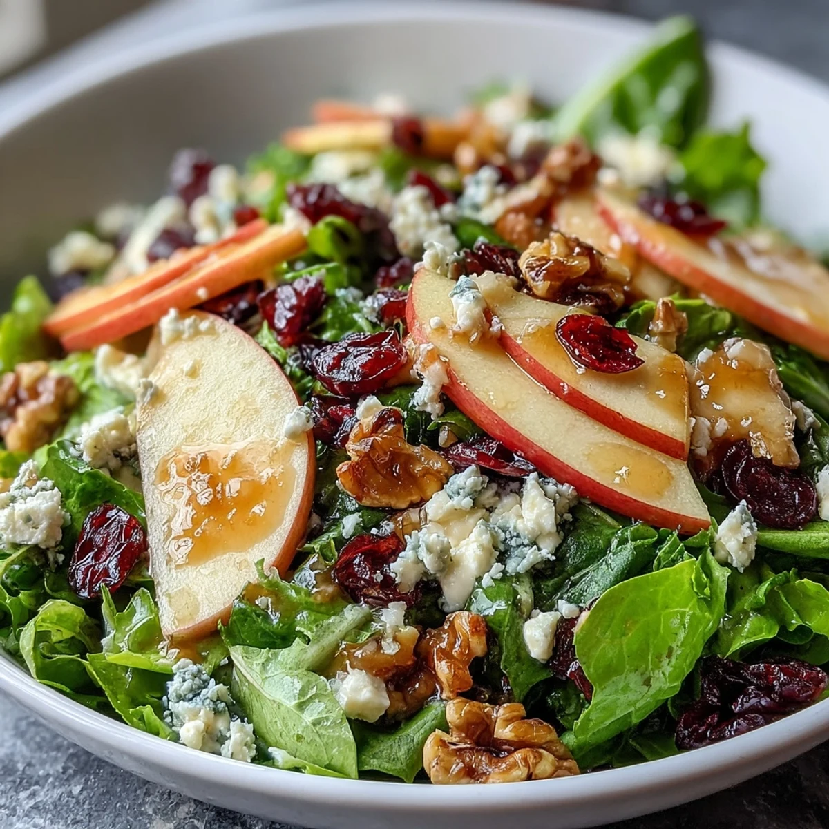 Fresh Mixed Greens and Apple Bowl salad with crisp apple slices, crunchy walnuts, and creamy goat cheese, drizzled with tangy cider vinaigrette.  