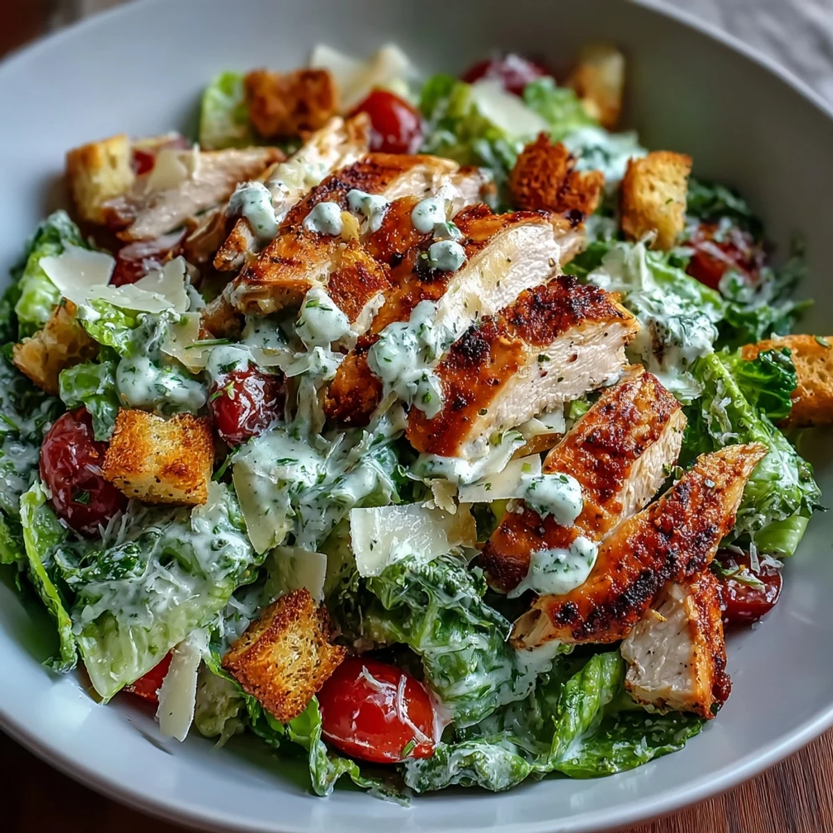 Hearty Romaine Caesar Bowl with crunchy croutons and grilled chicken on a plate.