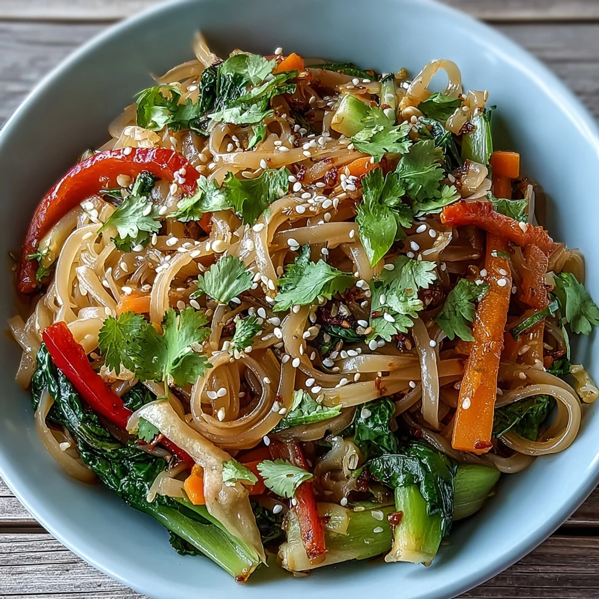 A vibrant Shirataki Noodle Bowl with crisp Asian vegetables and a glistening ginger sauce, served in a ceramic bowl.  
