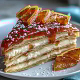 Blood Orange Curd Crêpe Cake garnished with orange slices, zest, and powdered sugar.