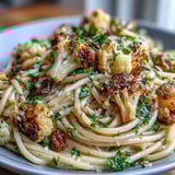 Savory umami sauce coats al dente pasta, featuring roasted cauliflower, anchovies, and sweet raisins in a skillet.