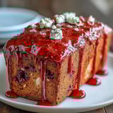 Glazed Blood Orange Loaf Cake with Poppy Seeds and Marzipan, glistening sweetly on a wooden board, ready to be sliced for a festive afternoon dessert.