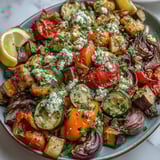 Crispy roasted Mediterranean Greek vegetables topped with crumbled feta, fresh parsley, and Kalamata olives, ready to serve.