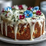 Spring Cake with Pressed Edible Flowers: A light vanilla cake layered with whipped cream and adorned with delicate pressed edible flowers for a beautiful spring dessert.  