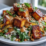 Refreshing Thai-inspired mango salad topped with golden crispy tofu and drizzled with tangy peanut dressing.  
