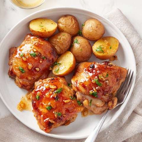 One-pan honey garlic chicken and roasted potatoes served golden brown, garnished with fresh parsley on a rustic tray.