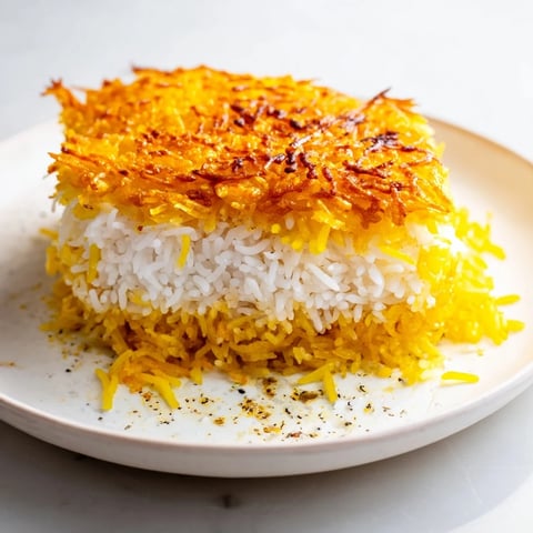 Golden, crispy Persian Tahdig rice with a flavorful, aromatic saffron rice topping and yogurt.