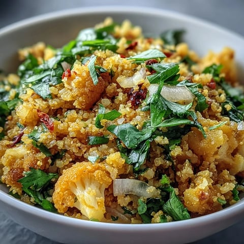 Golden turmeric cauliflower rice in a white bowl, garnished with fresh cilantro and a lemon wedge, reflecting vibrant anti-inflammatory flavors.