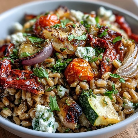 Vibrant roasted vegetables, including red bell pepper and zucchini, sit atop a hearty bowl of chewy farro in this Mediterranean dish.  