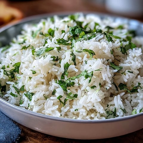 Fluffy Cilantro Lime Rice steamed to perfection, topped with fresh chopped cilantro and a bright lime wedge for serving.