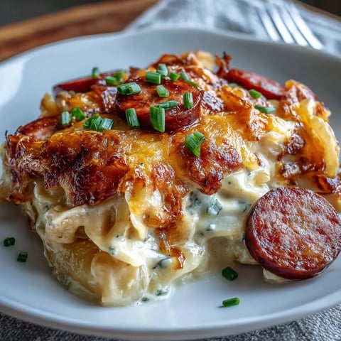 Golden-brown Crockpot Pierogi Casserole With Kielbasa, bubbling with melted cheddar and creamy sauce, ready to serve.