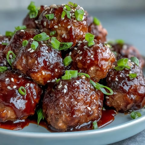 Glossy sweet and sour meatballs coated in peach preserves sauce bubbling in a slow cooker, garnished with green onions.