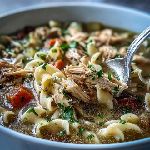 Steaming Instant Pot Chicken Noodle Soup, featuring tender shredded chicken and egg noodles in a golden broth.