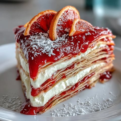 Freshly layered Blood Orange Curd Crêpe Cake shows alternating thin crêpes and whipped cream.