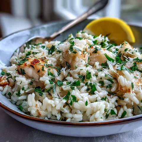 Creamy Smoked Haddock Risotto garnished with fresh parsley and lemon zest, served steaming in a rustic bowl.