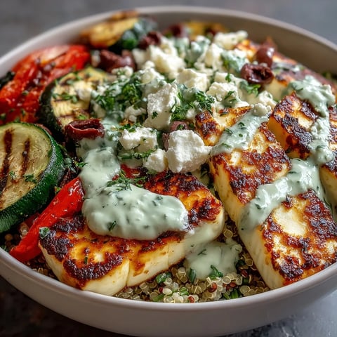 Grilled chicken and charred vegetables like zucchini and bell peppers on nutty quinoa with a drizzle of tzatziki in a Healthy Grilled Mediterranean Bowl.