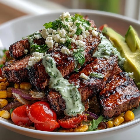 Grilled flank steak and charred corn sit atop cilantro lime rice in a Steak, Avocado, and Roasted Corn Bowl with Cilantro Cream Sauce.
