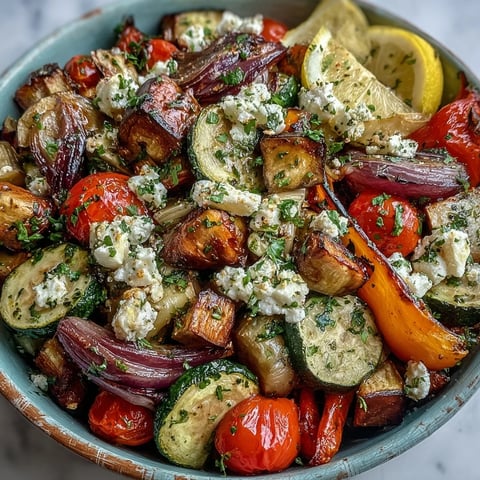 Golden roasted Mediterranean Greek vegetables—eggplant, zucchini, and bell peppers—sizzling on a baking sheet with fresh herbs and lemon.