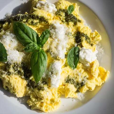 Fluffy Pesto Cottage Cheese Eggs, ready in minutes, offer a protein-rich start to your day, served with crusty toast.