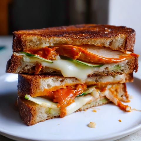 Mouthwatering close-up of a Gochujang Mayo Chicken Sandwich grilled cheese ready to be sliced and devoured.