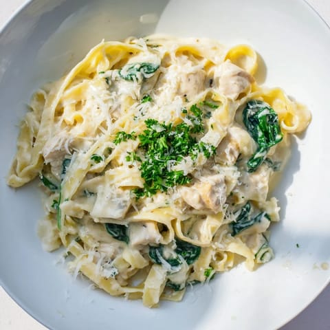 Close-up of vibrant creamy spinach fettuccine Alfredo, ready to serve with Parmesan and parsley.