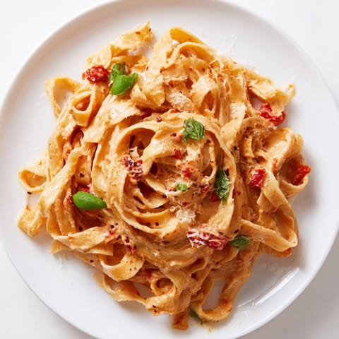 Golden roasted garlic pasta sauce swirled onto fettuccine, garnished with Parmesan and a side salad for a hearty meal.  