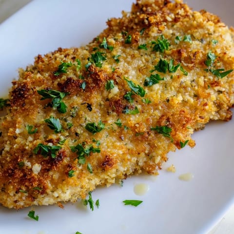 Roasted Garlic Parmesan Chicken served hot with fresh parsley garnish on a rustic white plate.  