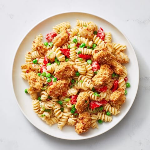 Golden-brown crispy chicken pieces glisten atop a colorful Crispy Chicken Ranch Pasta Salad, featuring bright peas and red bell pepper.