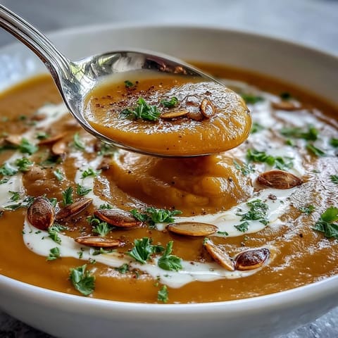 A warm bowl of Butternut Squash and Apple Soup garnished with toasted pumpkin seeds and fresh parsley.