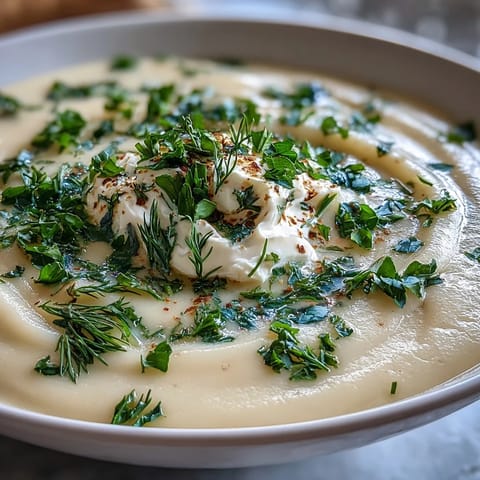Golden roasted parsnips blend into a creamy parsnip and herb soup, perfect with crusty bread for dipping.  
