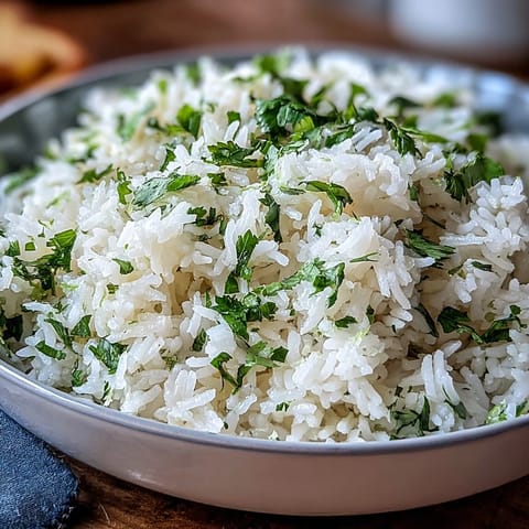 Fluffy Cilantro Lime Rice steamed to perfection, topped with fresh chopped cilantro and a bright lime wedge for serving.