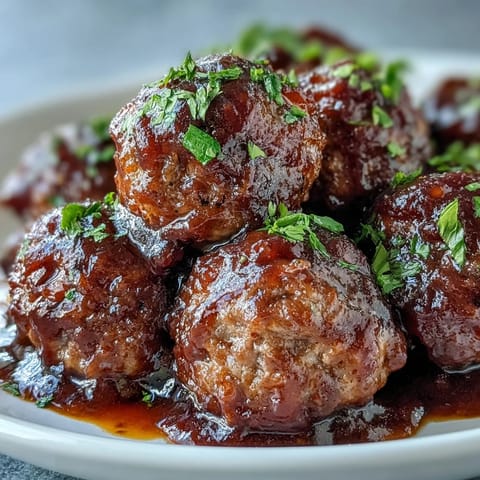 Golden Slow Cooker Peach Glazed Meatballs simmering in rich sauce, garnished with fresh herbs and ready for party appetizer toothpicks.  
