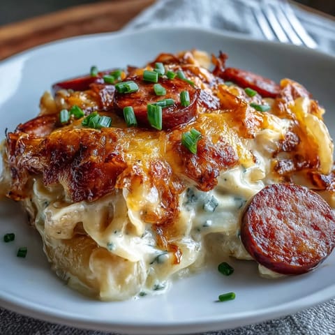 Golden-brown Crockpot Pierogi Casserole With Kielbasa, bubbling with melted cheddar and creamy sauce, ready to serve.