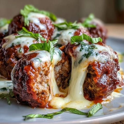 Juicy beef and pork cheesy garlicky meatballs topped with melted mozzarella, swimming in steaming marinara sauce beside gluten-free pasta.
