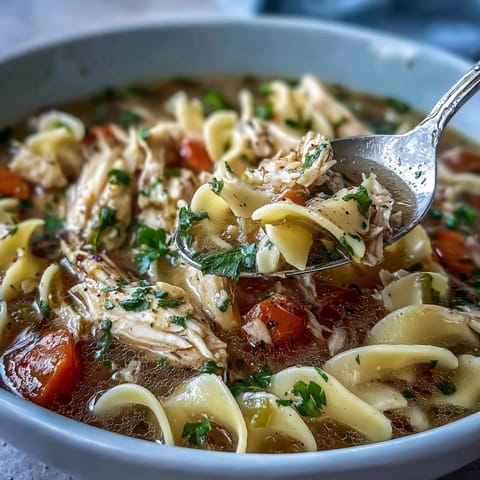 A hearty bowl of Instant Pot Chicken Noodle Soup garnished with fresh parsley, served alongside crusty bread.