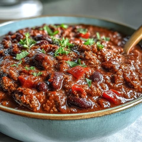 A warm bowl of Slow Cooker Chili filled with ground beef, kidney beans, and tomatoes, topped with shredded cheddar and sour cream.  