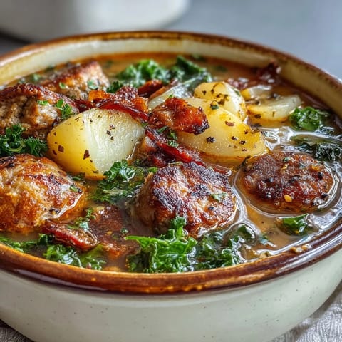 Golden brown Italian sausage and crispy bacon simmer in a creamy broth with tender potatoes and vibrant green kale in this hearty Italian Sausage Soup.