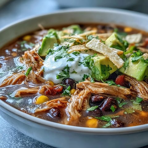 A close-up of Instant Pot Chicken Tortilla Soup, garnished with cilantro and a lime wedge on the side.