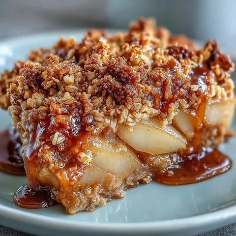 A scoop of vanilla ice cream melting over a slice of easy Pear Crumble, revealing tender cinnamon-spiced pears in a baking dish.