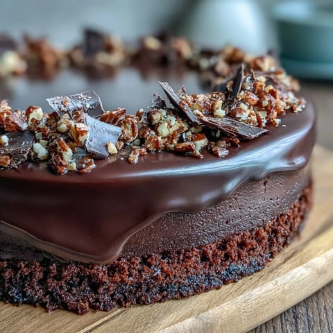 Slice of layered Chocolate Celebration Cake revealing moist chocolate crumb and silky ganache, ready to serve at a festive dinner party.