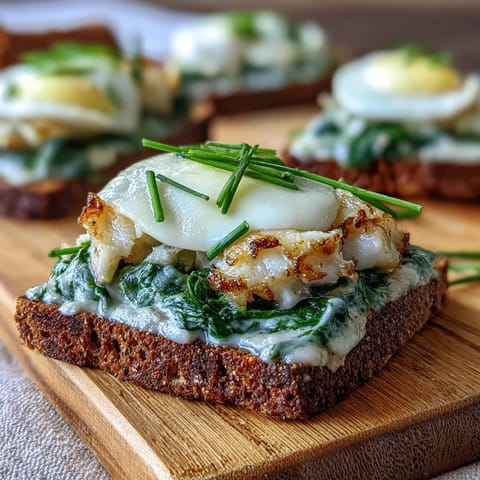 Perfectly poached smoked haddock layered with creamy spinach on toasted rye toasts, served warm with lemon wedges for brightness.
