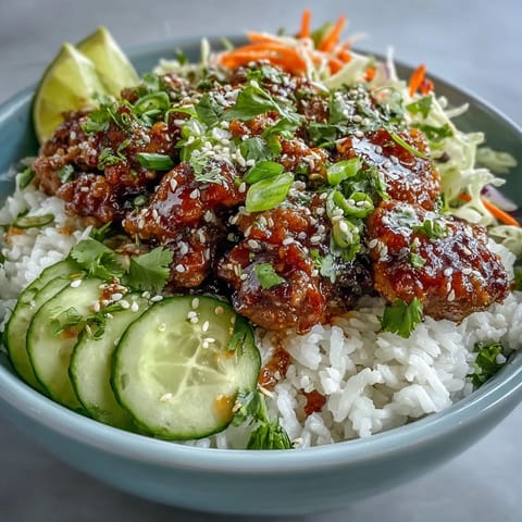 Bang Bang Ground Turkey Rice Bowls featuring juicy ground turkey in spicy bang bang sauce, layered with rice, shredded carrots, cucumber, cabbage, and sesame garnish.