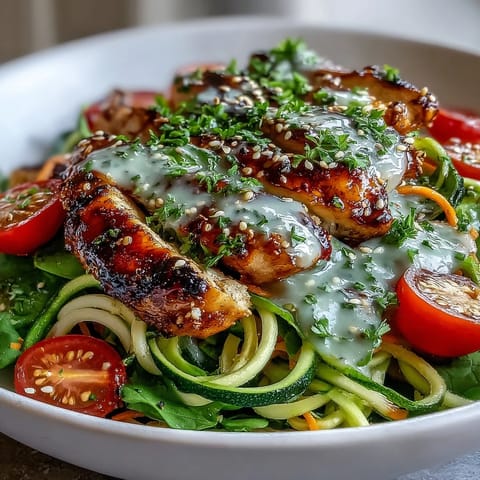 Colorful Spiralized Vegetable Bowl in a white bowl, featuring spiralized zucchini, sweet potato noodles, cherry tomatoes, and fresh herbs.