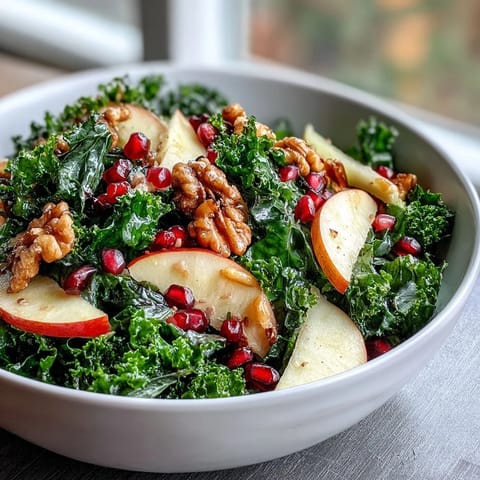 Kale and Pomegranate Bowl: vibrant greens, juicy seeds, and crunchy nuts.