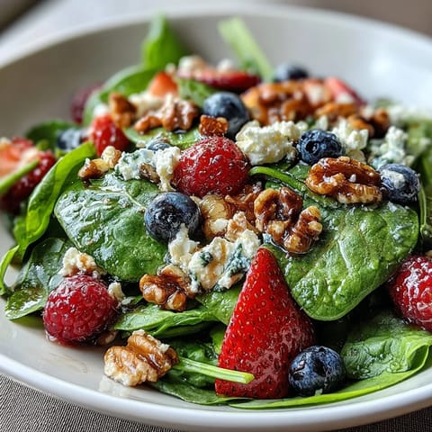 Vibrant spinach and berry salad bowl, showcasing creamy goat cheese and crunchy nuts.