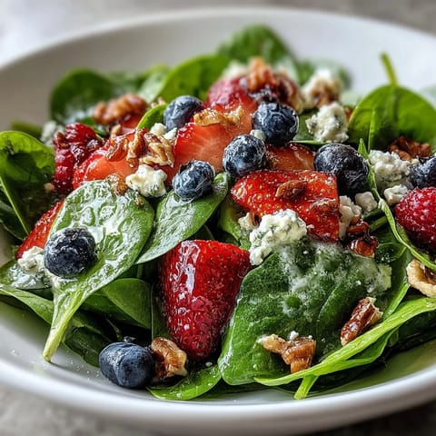 Fresh spinach and berry salad bowl bursting with juicy fruit and tangy dressing.